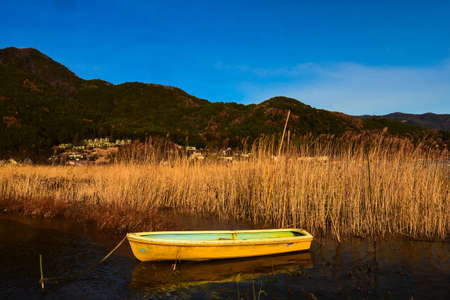 yellow boat in the lakeの写真素材