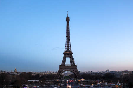 Eiffel Tower on Champs de Mars in Paris, France at the eveningのeditorial素材
