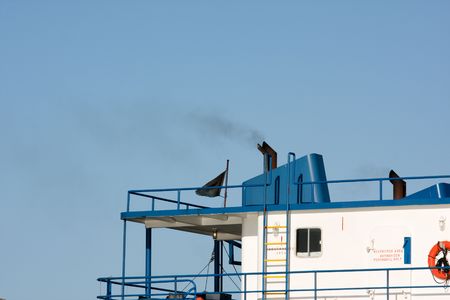 old blue Island cargo boat exhaust stackの写真素材