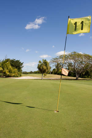 yellow flag blowing in the wind on golf course putting greenの写真素材