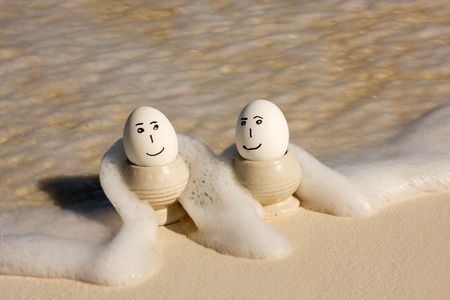 happy eggs in the sea on vacationの写真素材