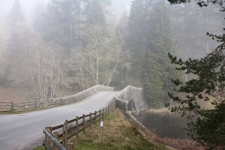 small road bridge in early morning mistの写真素材