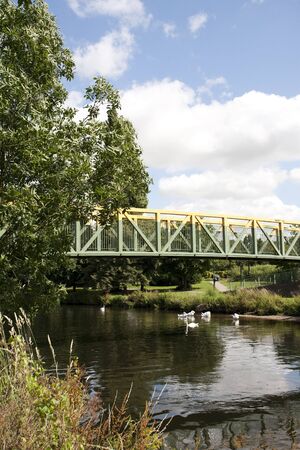 yellow and green footbridge over calm riverの写真素材