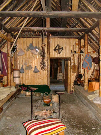 Newfoundland, CA:  L'Anse aux Meadows on June 24, 2011.  Re-creation of a Viking timber-and-sod-longhouse (interior).のeditorial素材