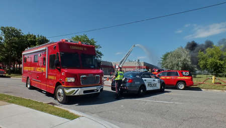 Toronto, Ontario, Canada, September 3, 2020: Toronto Fire Services fights a 2 alarm industrial fire...