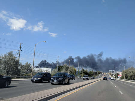 Toronto, Ontario, Canada, September 3, 2020: Toronto Fire Services fights a 2 alarm industrial fire...