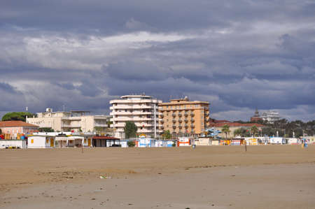 Hotels and beach on the Adriatic Sea at Miramara in Rimini, Italyのeditorial素材