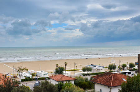 Hotels and beach on the Adriatic Sea at Miramara in Rimini, Italyのeditorial素材