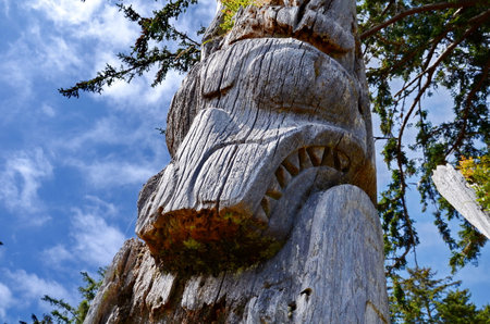 Historic Totem Poles, Sgang Gwaay, Ninstints, Haida Gwaii, BC, Canadaの写真素材