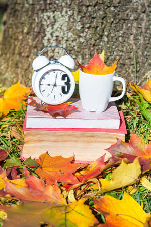 books with coffee cup and clock on a colorful leaves background - autumn conceptの写真素材