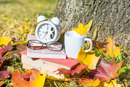 books with coffee cup and clock on a colorful leaves background - autumn conceptの写真素材