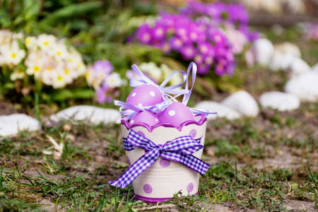 violet easter eggs in a spring gardenの写真素材