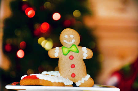 Smiling gingerbread man and christmas  cookies for christmasの写真素材