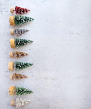 Christmas tree decoration on white wooden background. Flat lay, top viewの写真素材