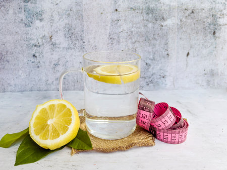 Glass of water with lemon, measuring tape and green leaves on white backgroundの写真素材