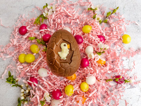 Easter chocolate egg with chicken and cherry blossoms on white backgroundの写真素材
