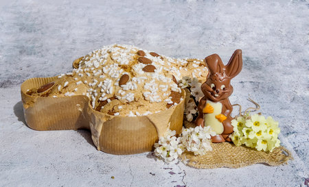 Easter chocolate bunny and cookies on a white background. Easter decoration.の写真素材