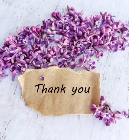 Purple Lilac Flowers and Label with Thank You Text, Vintage Styleの写真素材