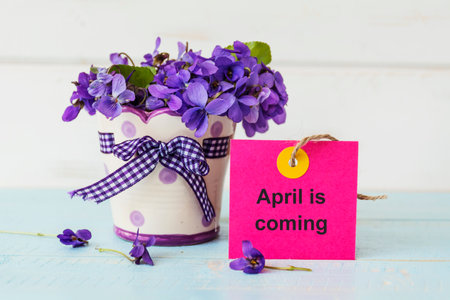 Bouquet of violet flowers in a vase with a tag with the inscription April is comingの写真素材