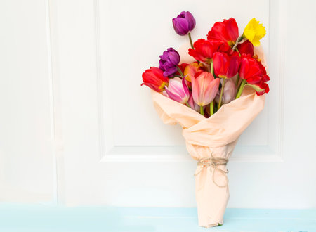Bouquet of tulips on a white backgroundの写真素材
