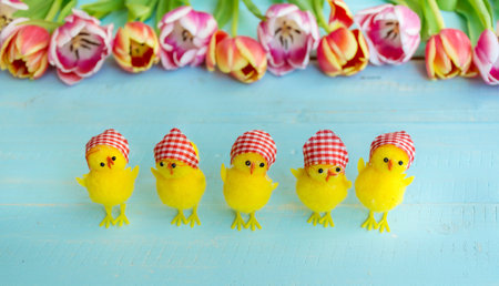 Easter background with tulips and chicken on blue wooden table.の写真素材