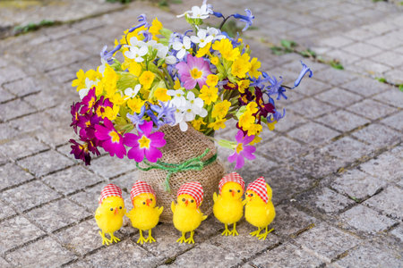 Easter decoration with chickens and spring flowers on a stone background.の写真素材