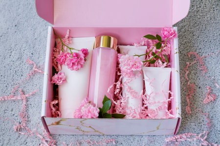 Pink gift box with cosmetic products and flowers on a gray background.の写真素材