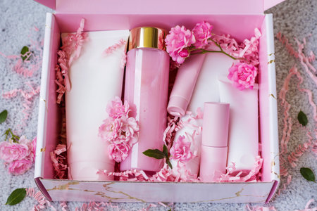 Cosmetics in a gift box with pink flowers on a gray backgroundの写真素材