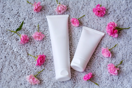 beauty treatment medical skincare and cosmetic lotion cream serum oil mockup bottle packaging product on white decor background, healthcare and medicine conceptの写真素材