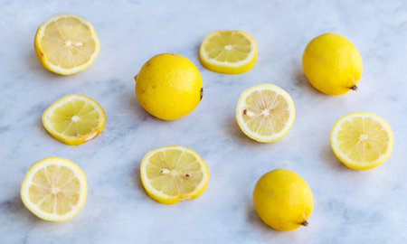 Lemons and lemonsle background. Top view.の写真素材