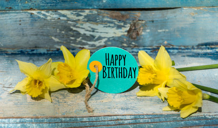 Happy birthday card with yellow daffodils on blue wooden backgroundの写真素材