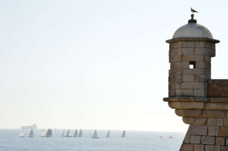 Seagull on the tower of a castle with sails in the backgroundの写真素材