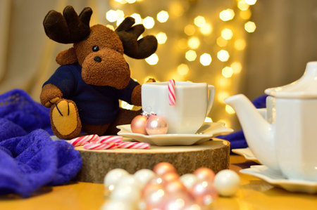 reindeer puppet at tea timeの写真素材