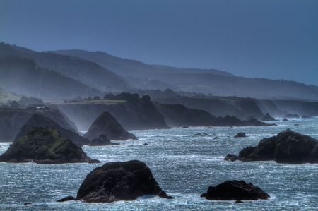 Wide angle view of a misty Mendocino coastlineの写真素材