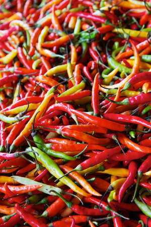 Pile of Hot red, yellow, and green peppers at farmers marketの写真素材