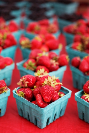 Single sharp image of a red strawberry on table full of berriesの写真素材