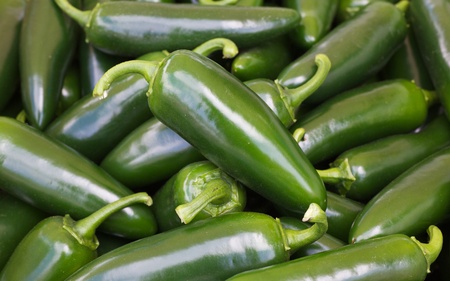 Pile of bright green jalapeno hot peppers at the farmers marketの写真素材