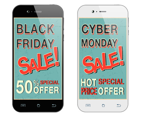 Black friday sale. Cyber monday sale. Black and white smartphones.  Mobile phone isolated. Vector illustrationのイラスト素材