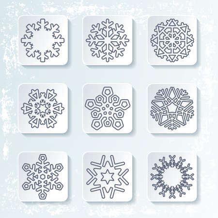 Set of 9 various snowflakes winter icons. Thin line design. Rime background. Vector illustration.のイラスト素材