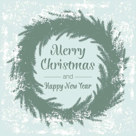 Greeting card with wreath. Merry Christmas and Happy New Year. Vector illustration.のイラスト素材