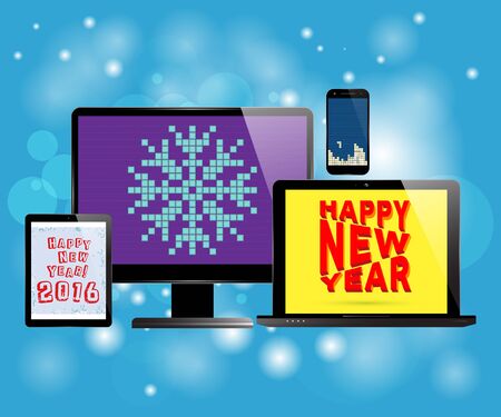 Monitor computer laptop smartphone tablet with various screen savers. New Year theme. Background with abstract snowflakes. Realistic vector design.のイラスト素材