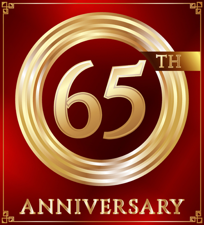 Anniversary gold ring logo number 65. Anniversary card. Red background. Vector illustration.のイラスト素材