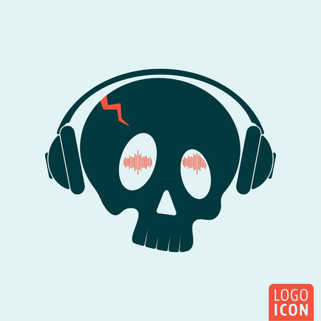 Skull icon. Skull logo. Skull symbol. Crazy skull with headphones icon isolated, minimal design. Vector illustrationのイラスト素材
