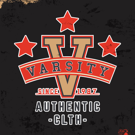 T-shirt print design. Varsity vintage stamp. Printing and badge applique label t-shirts, jeans, casual wear. Vector illustration.のイラスト素材