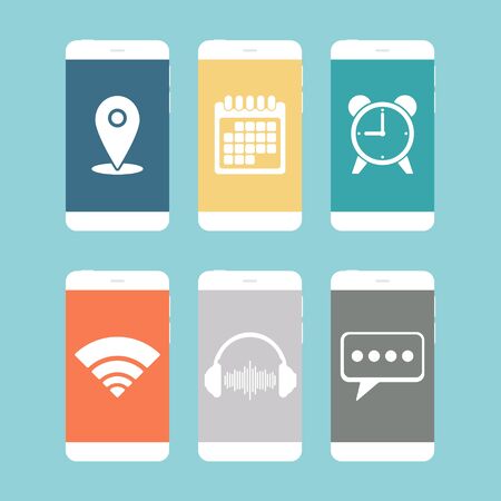 Smartphones with various icon flat design. Vector illustration.のイラスト素材