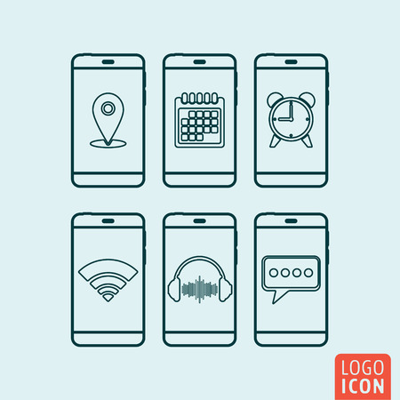 Smartphone icon. Smartphone symbol. Smartphones with various icons isolated. Vector illustrationのイラスト素材