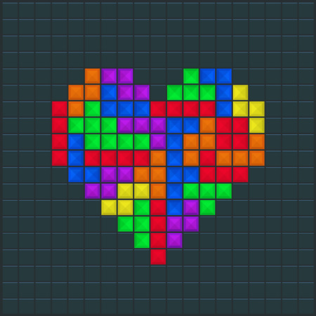 Old video game square template. Mosaic heart, colored brick game pieces. Vector illustration.のイラスト素材