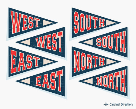 Pennant template set. Pennants with cardinal directions - north, east, south, and west. Vector illustrationのイラスト素材