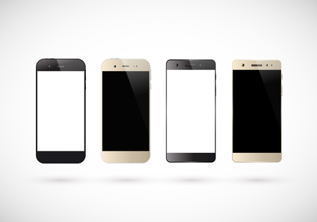 Four black and white smartphones. Mobile phone isolated with blank screen. Vector illustration.のイラスト素材