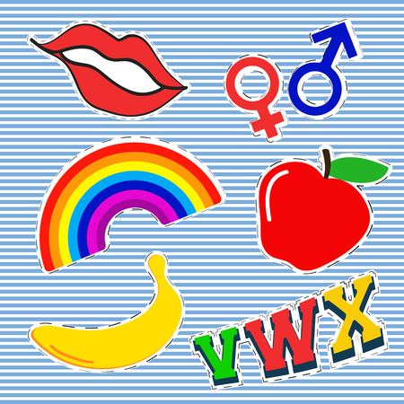 T-shirt print design. Patch fashion, vintage stamp. Printing and badge applique label t-shirts, jeans, casual wear. Red lips rainbow apple banana and gender symbol. Vector illustration.のイラスト素材